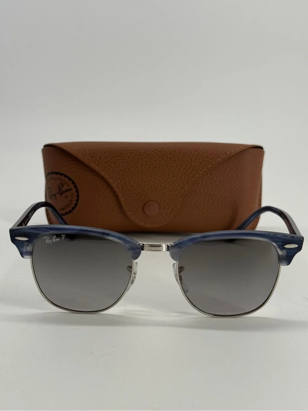 Ray Ban RB 3016 Clubmaster 1434/M3 Blue Striped Gray Glass Polarized Sunglasses